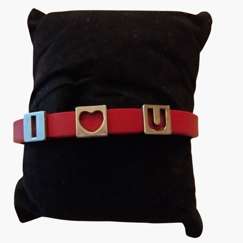 I Heart U Red Rubber Bracelet silver Metal Sliders Love You Valentine